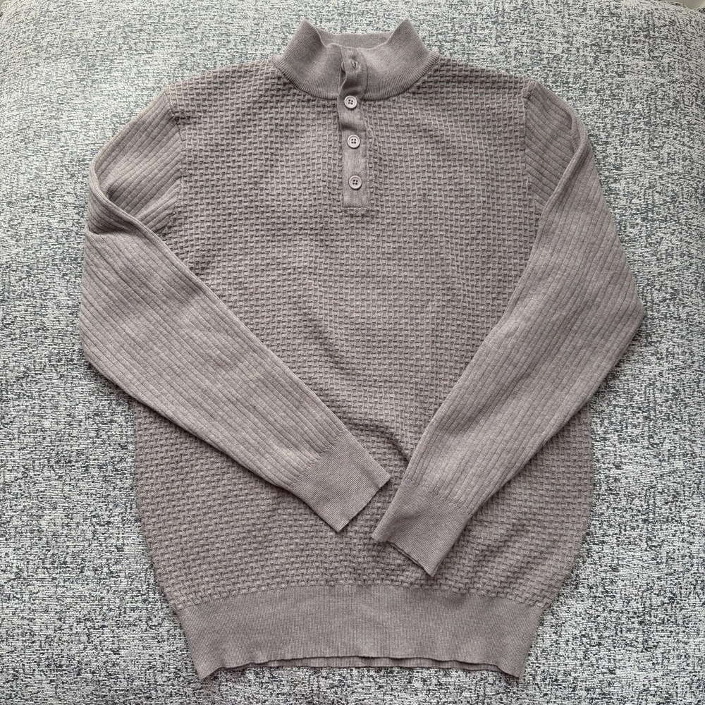 COOFANDY Men's Taupe Waffle Knit Mock Neck Sweater Large Button Henley Pullover